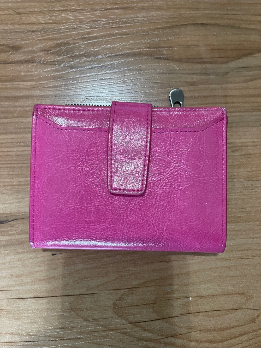 Compact Pink Leather Wallet with Snap Strap